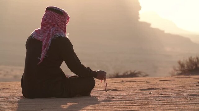 Cinematic profile shot of Saudi man in warm winter thobe and shemagh holding rosary beads while contemplating sunset over Hisma sand dunes in NEOM Saudi Arabia