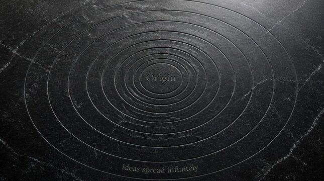 Concentric rings etched in high fidelity v2-6x flatlay representing infinite idea spread from origin