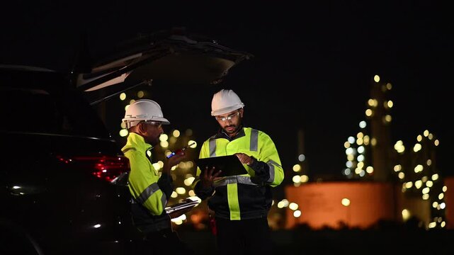 Engineer wear uniform and helmet stand workplace hand holding tablet and laptop computer, survey inspection team work plant site to work with night lights oil refinery background.	