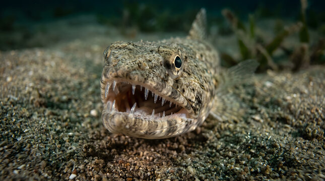 Front view of camouflaged lizardfish with sharp teeth on sand