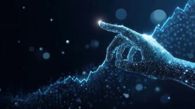 A futuristic digital hand touches a glowing point of light, symbolizing technological advancement and the convergence of data. ..Created with Generative AI, not depicting real subjects.