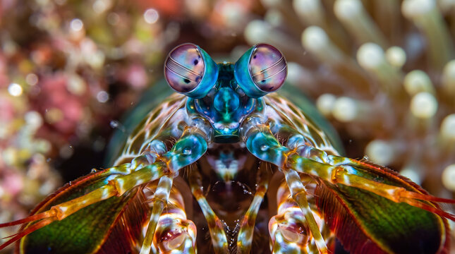 Extreme close up of peacock mantis shrimp face and compound eyes