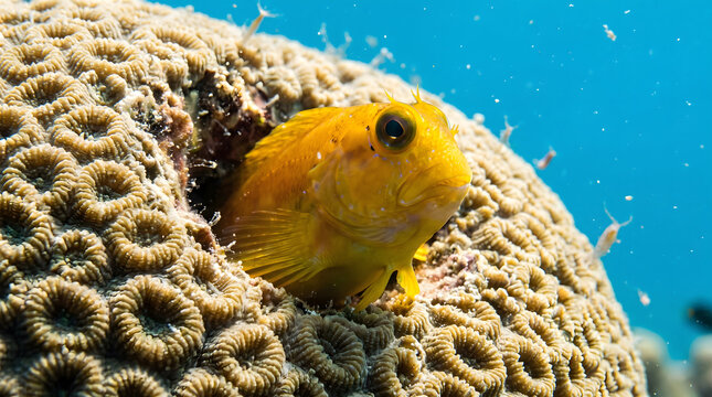 Yellow blenny fish watching from a brain coral tube shelter
