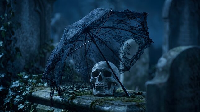 Spooky halloween atmosphere in a misty graveyard featuring a human skull under a tattered black lace umbrella atop a tombstone during the dark night