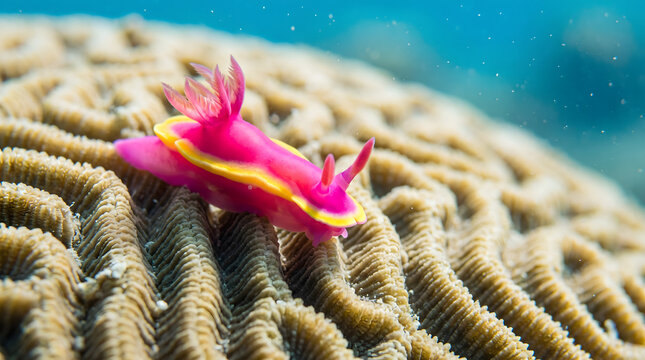 Vibrant pink nudibranch sea slug gliding over brain coral head
