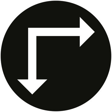 White bent corner single line arrow pointing right and down inside black circle transparent PNG