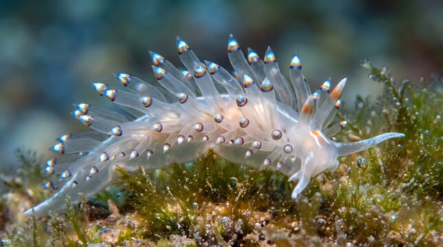 Translucent flabellina nudibranch with cerata on green algae reef