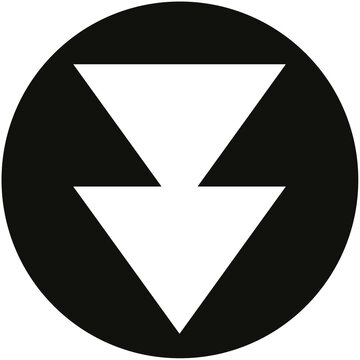 White double downward pointing stacked arrows icon inside black circle transparent PNG