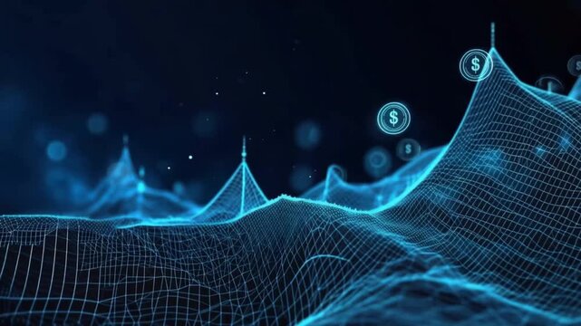 Digital abstract landscape with glowing blue wireframe mountains, stylized with floating dollar signs. ..Created with Generative AI, not depicting real subjects.