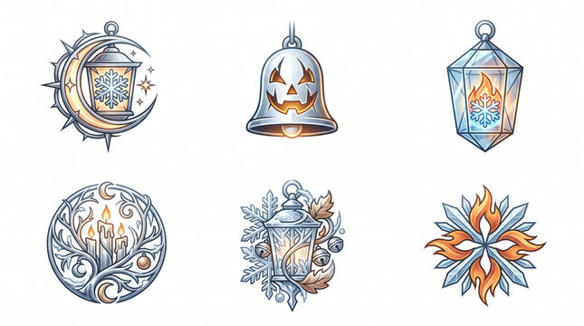 Silver Fantasy Winter and Halloween Lantern Ornaments Icon Set with Snowflakes, Pumpkin Bell, Candles, and Magical Flame Elements Isolated on White Background
