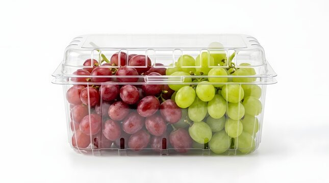 Fresh red and green grapes in a clear plastic clamshell container isolated on white