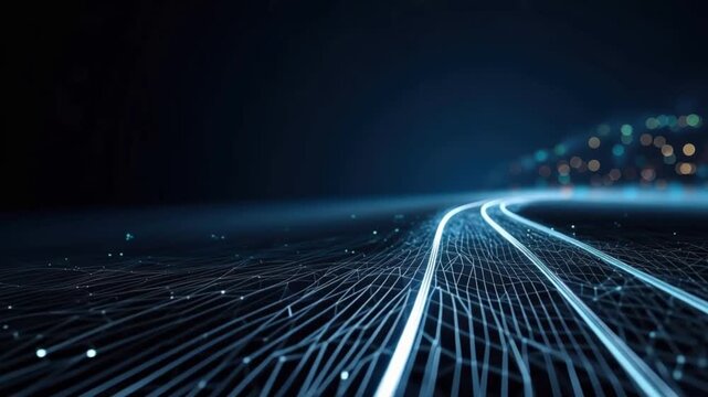 Abstract glowing digital lines flowing like a futuristic road into a dark, bokeh-lit background. ..Created with Generative AI, not depicting real subjects.