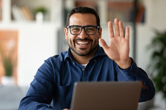 Friendly smiling man waving hello while working on a laptop computer at home