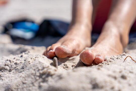 Bare Female Feet In Beach Sand Closeup For Summer Vacation Relaxation And Wellness