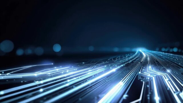 Abstract glowing blue circuit board lines representing data flow and technology, with bokeh lights in the background. ..Created with Generative AI, not depicting real subjects.