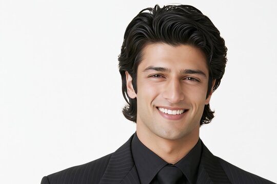 Handsome young businessman smiling with confident expression wearing formal suit against plain background