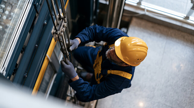 A technician wear hard hat and uniform to check elevator shaft system mechanisms in a commercial building with professional tool gear