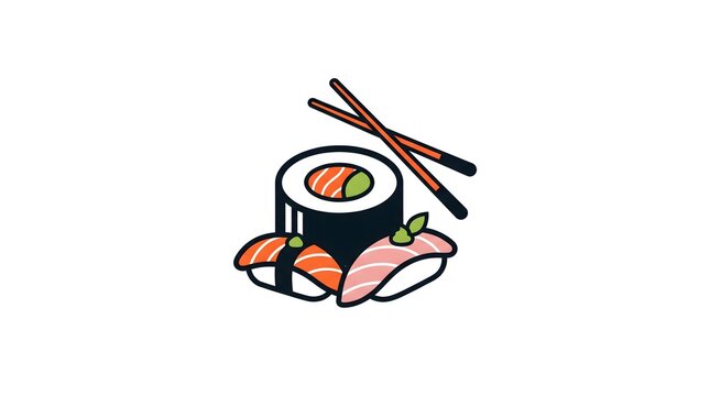 Minimalist vector illustration of a sushi set featuring maki roll, nigiri, and crossed chopsticks isolated on a white background