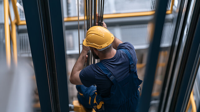 Industrial worker in yellow hard hat and blue overalls check elevator cable system components during professional maintenance operation