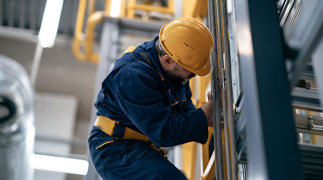 Industrial worker in blue uniform and yellow hard hat repair elevator machinery cable system inside modern commercial building production plant