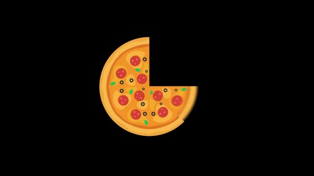 Engaging graphic pizza illustration featuring pepperoni, black olives, and fresh basil on a dark background.