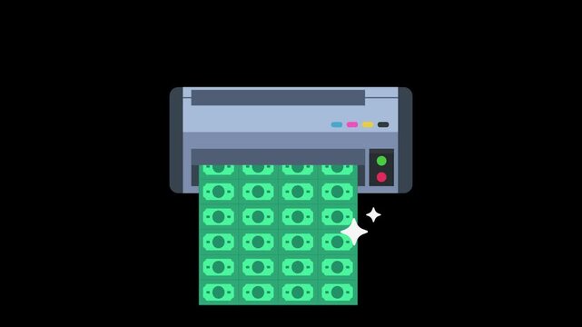 Printer machine generating sheets of fresh green money, symbolizing financial growth and wealth creation