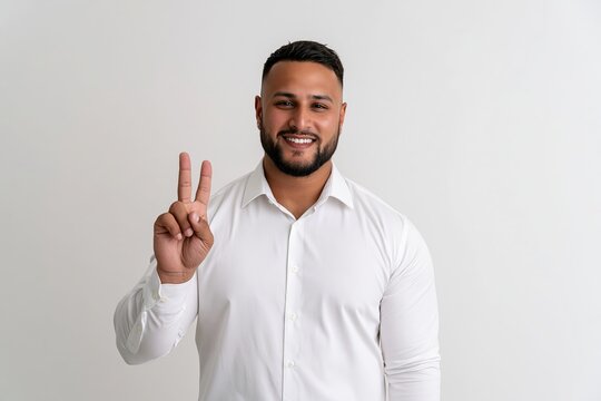 Smiling man with a beard wearing a white button down shirt making a peace sign with fingers