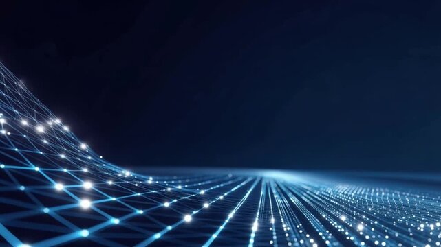 Digital network with glowing blue lights and lines creating a futuristic grid pattern on a dark blue background. ..Created with Generative AI, not depicting real subjects.