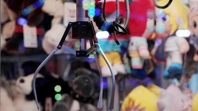 Crane machine claw descends to grab plush toys in arcade game.