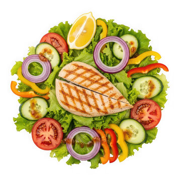 Grilled chicken breast salad with fresh vegetables top view