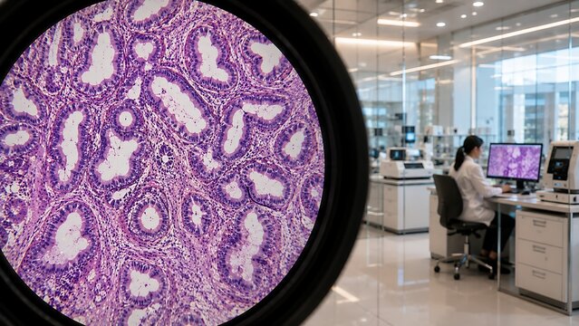 Detailed glandular tissue histology showing tubular structures under digital microscopy