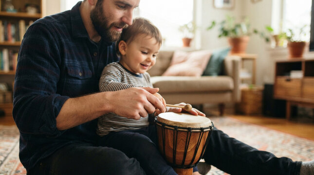 Father and toddler son playing a drum together in a sunny home