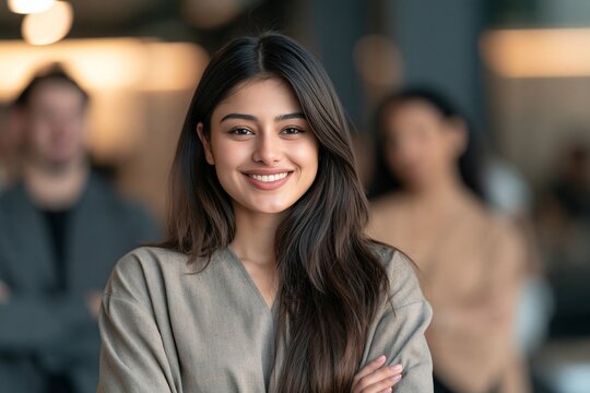 Smiling young woman with long dark hair standing in a modern office with arms crossed content