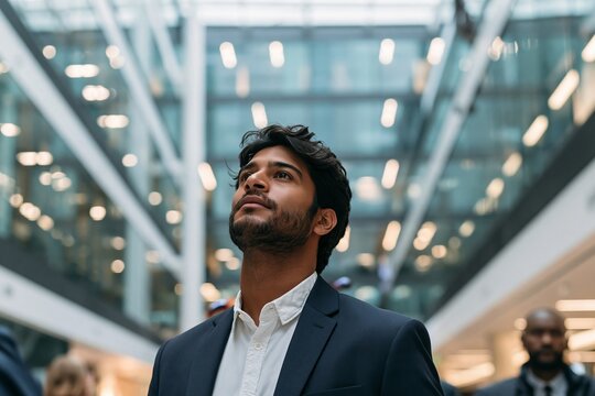Thoughtful man in a suit looking upwards in a modern glass building with blurred background