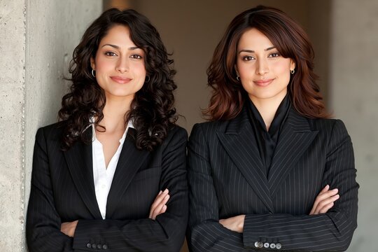 Two confident businesswomen in smart black suits standing together with arms crossed smiling