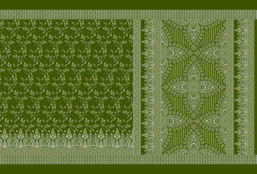 Traditional Indian Saree Layout with Ethnic Decorative Patterns and Ornate Galo Pallav Border Textile Print