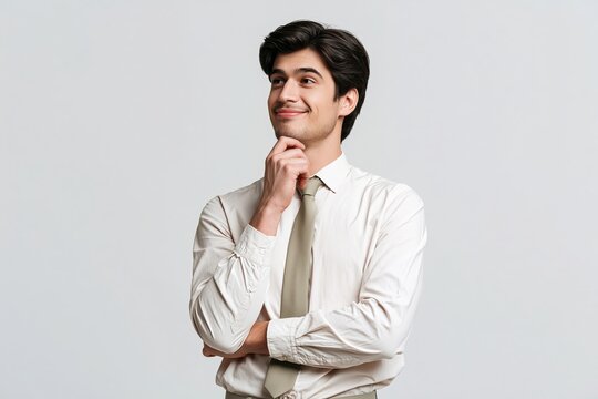 Young man in white shirt and tie smiling thoughtfully with hand on chin against plain background