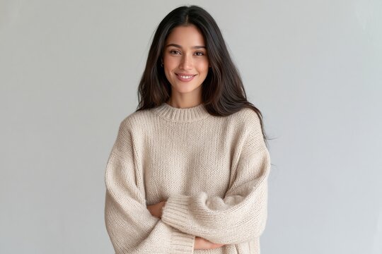 Young smiling woman with dark curly hair wearing beige knitted sweater posing against neutral wall