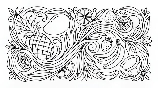 Hand-drawn line art vector illustration featuring fresh organic produce and floral flourishes for beverage packaging and labels.