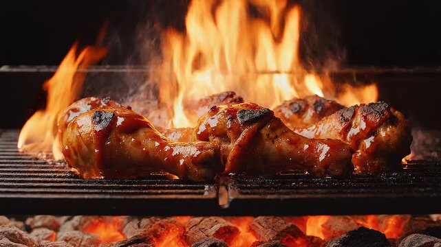 Description: Close-up BBQ chicken wings turning on a hot grill with smoke, flames, and delicious crispy texture.
