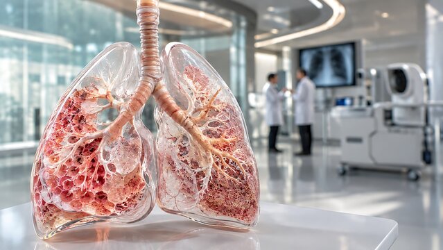 Detailed lung anatomy showing bronchial airways, pulmonary vessels, and alveolar structures