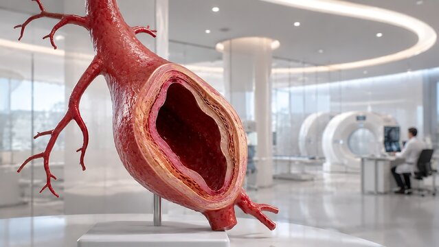 Detailed artery cross-section showing atherosclerotic plaque buildup and narrowed lumen