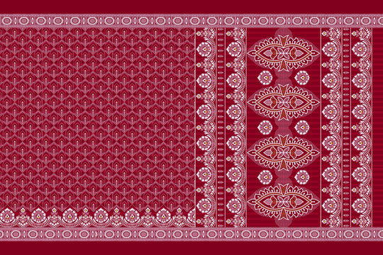 Traditional Indian Saree Layout with Ethnic Decorative Patterns and Ornate Galo Pallav Border Textile Print