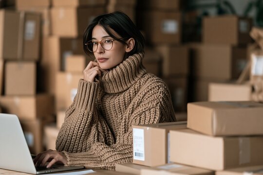 Young woman working online with laptop surrounded by cardboard shipping boxes in a warehouse