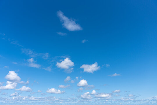 Clear Blue Sky With Small White Clouds And Copy Space Minimal Summer Weather Background