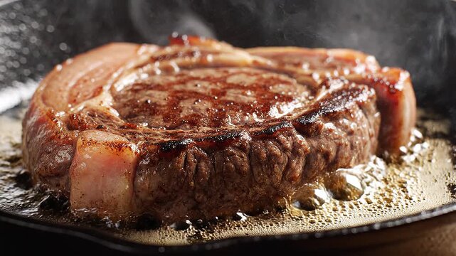 Extreme close-up of sizzling meat with bubbling oil, rich texture, heat, and flavor.