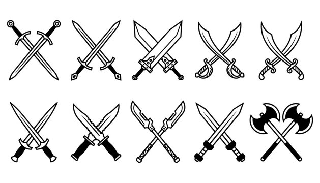 Crossed Swords Daggers Cutlasses Naginata and Battle Axes Vector Line Icons Set.