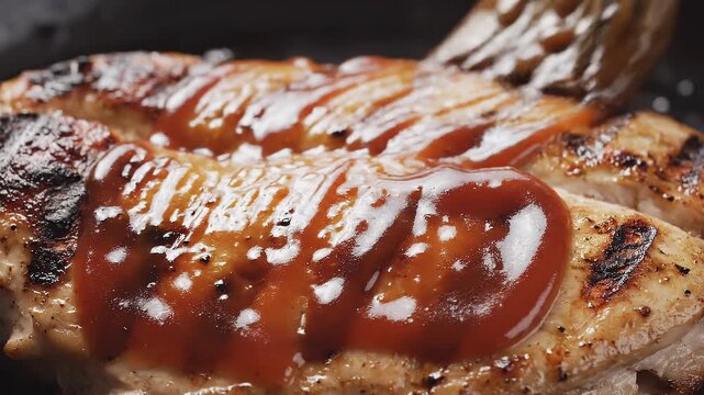 Slow motion grilled chicken brushed with savory sauce, creating a glossy appetizing finish