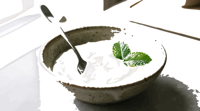 Creamy white yogurt served in rustic ceramic bowl with silver spoon and fresh green mint leaves as vector graphic design
