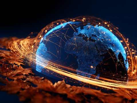 Digital globe with glowing lines and autumn leaves around it at night